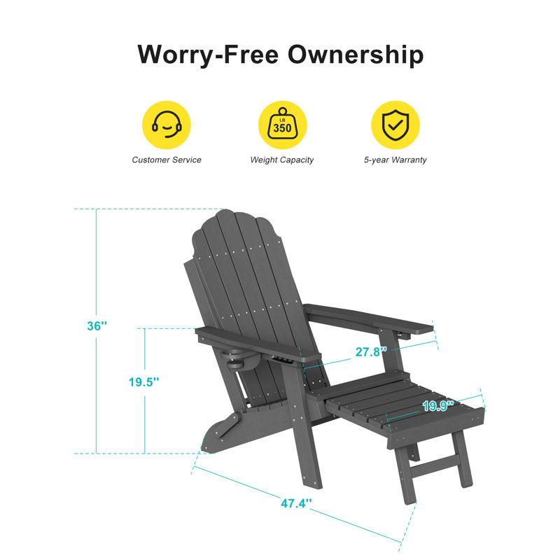 Chaise pliante Adirondack avec repose-pieds rétractable, chaise de patio résistante aux intempéries, Gris