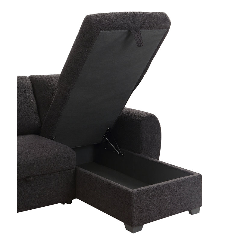Vera95"W Black Teddy Fleece Reversible Sleeper Sectional Sofa With Storage Chaise