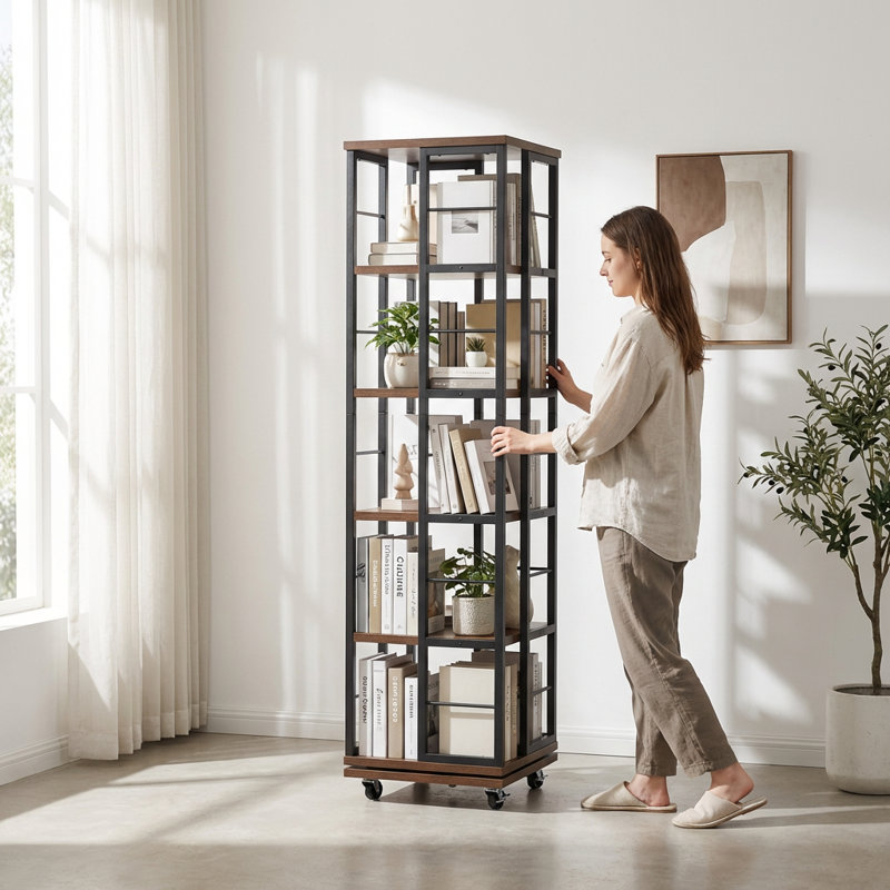Bibliothèque d'angle rotative à cinq niveaux avec tablettes ouvertes pour la présentation et le rangement