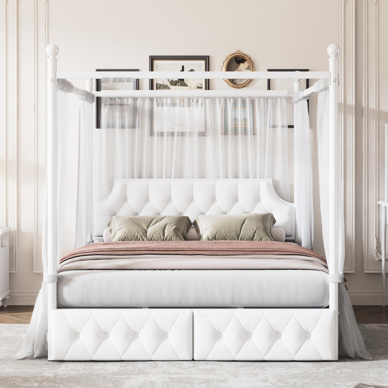 Grand lit à baldaquin en métal avec tête de lit tapissier et 2 tiroirs de rangement, plateforme blanche et unités de rangement