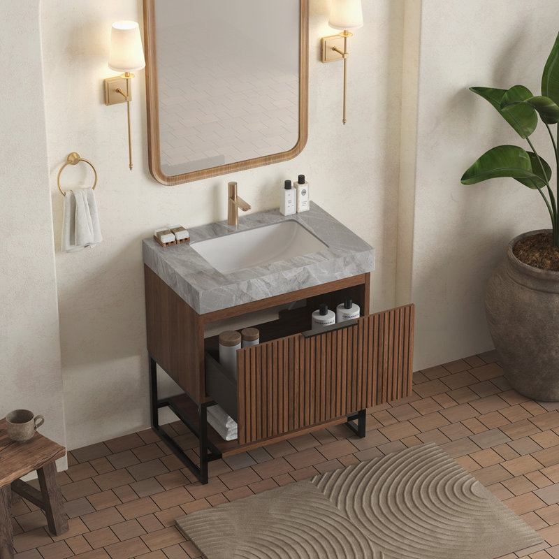 Meuble-lavabo autoportant en contreplaqué rayé avec tiroir 30 po, Noyer, 30", Gris clair