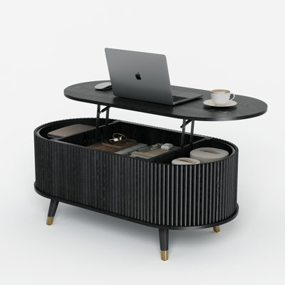 42.5" Oval Lift-Top Coffee Table, Fluted Center Table with Hidden Storage Compartment & Solid Wood Legs, Mid-Century Modern Coffee Table for Living Room,Black