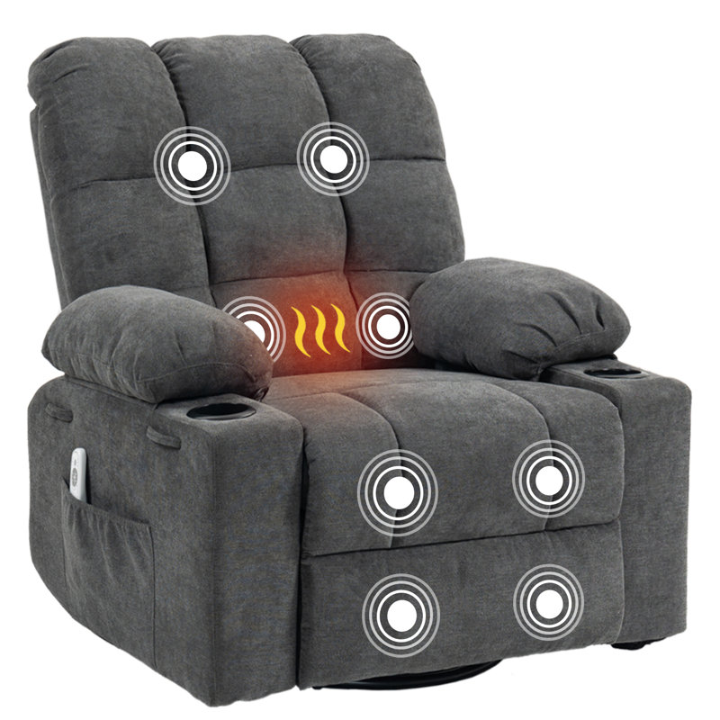 Oversized tuffed Heated Massage Swivel Rocker Recliner with Cup Holders (Dark Gray), Dark Gray