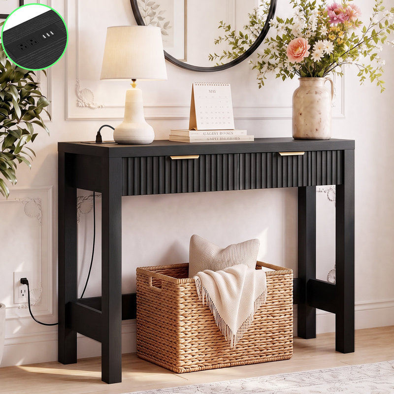 Console cannelée de 80 cm avec station de recharge, 2 tiroirs, table d'entrée étroite pour salon, 31.5, Black
