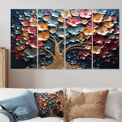 Orchidée dorée colorée, jardin de branches III - arbre, art mural 4 pièces