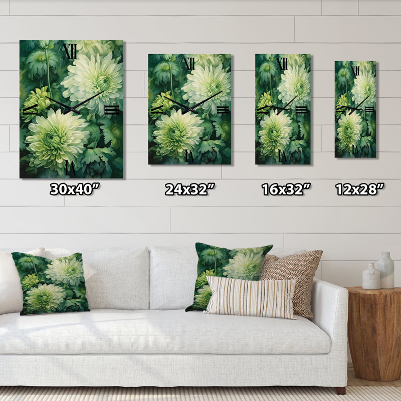 Horloge murale florale verte et blanche Chrysanthemums Melody II, Grand