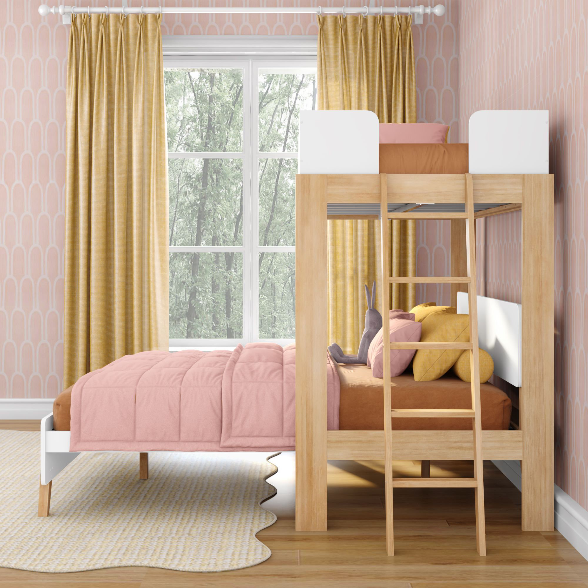 Ambur Solid Wood L-Shaped Bunk Beds by Isabelle & Max, White/Blonde, Twin over Queen