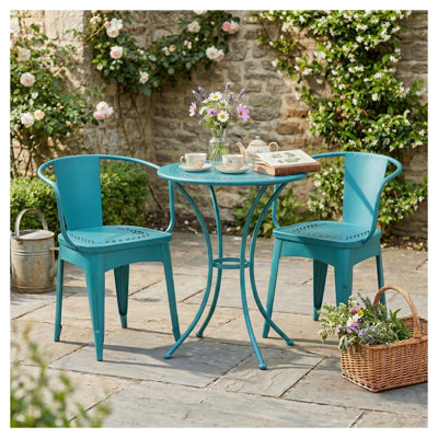 Lourdes 3-Piece Teal Metal Bistro Set with Round Table and 2 Chairs