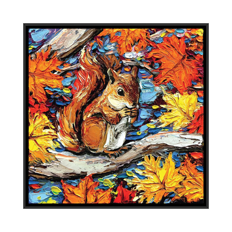 Reproduction d’art, "squirreling" par aja Trèves, H 37 po x l 37 po x P 1,5 po, Toile avec cadre noir, Pas de tapis