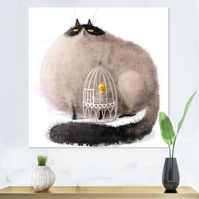 Dessin de chat avec un petit oiseau dans une cage - Impression sur toile
