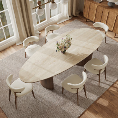 Large 86.7" Family Dining Table, Teardrop Travertine Stone Top & Walnut Curved Supports, Seats 6-8