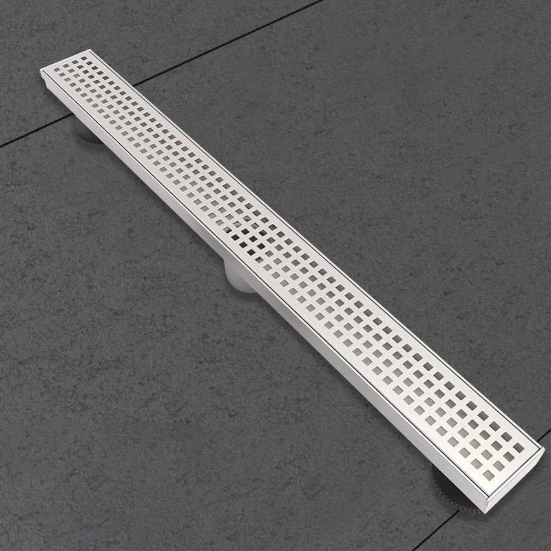 Long Rectangular Linear Shower Drain With Square Pattern Drain Cover And Hair Catcher,Stainless Steel,Brushed Nickel