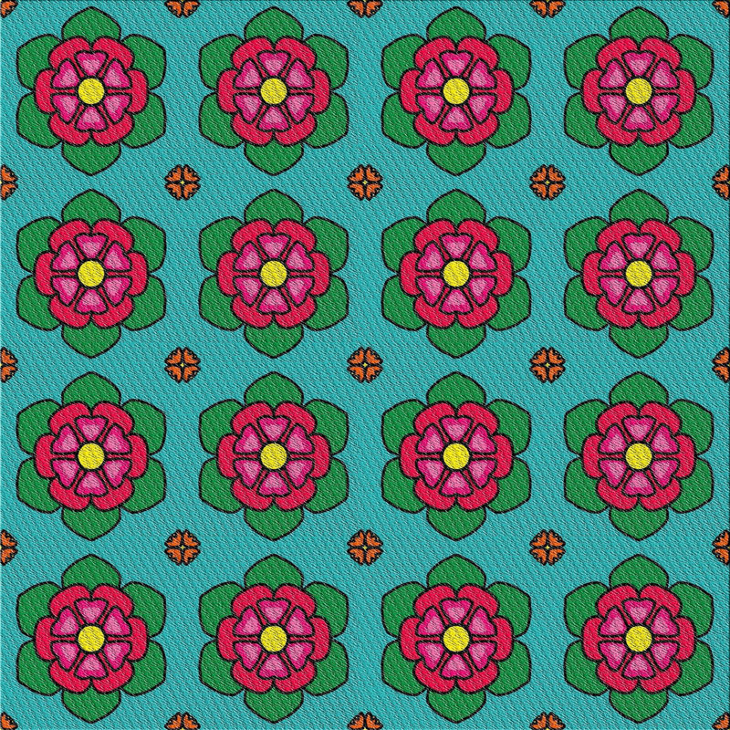 Tapis vert / rouge à motif floral Jakobi, Carré 6 pi