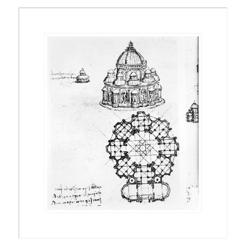 Détail d'une église centralisée par Léonard de Vinci - Estampe numérique encadrée, H 19,51 po x l 17,75 po