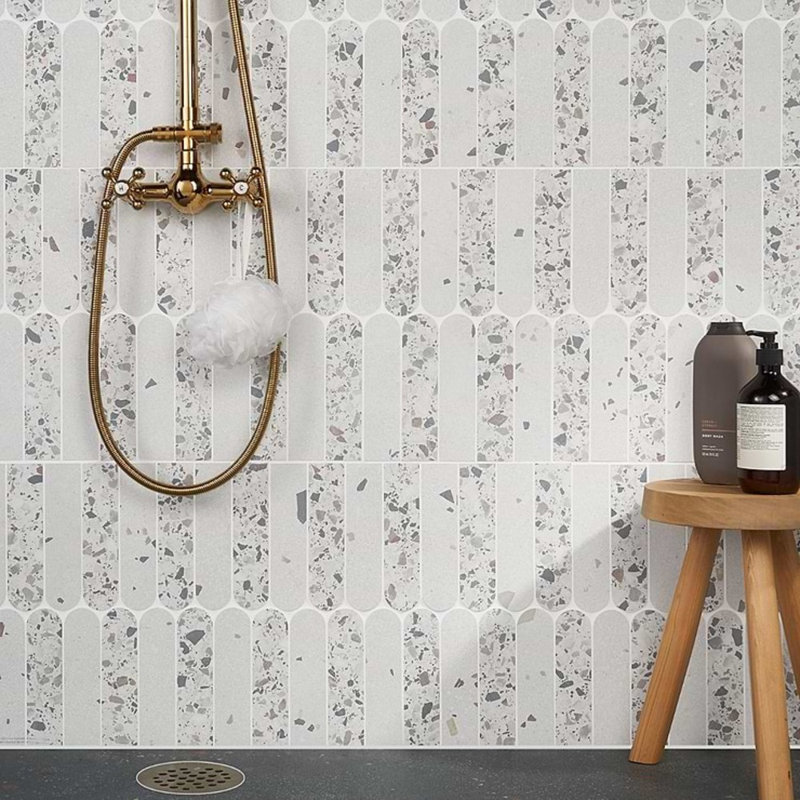 Kobe 2x8 Fish Scale Matte Terrazzo Look Porcelain Mosaic Tile, Ice White