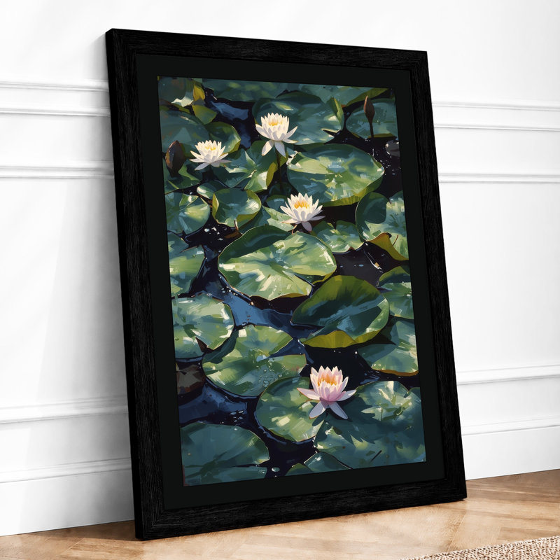Water Lilies in Bloom Botanical - Framed Print, A3 - 42.0 x 29.7 cm, Black