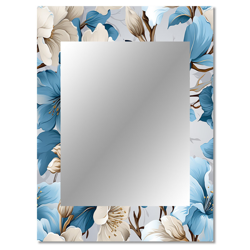 Obell, motif floral blanc et bleu - miroir floral, miroir mural floral unique, impression d'art en métal, 40 po x 30 po