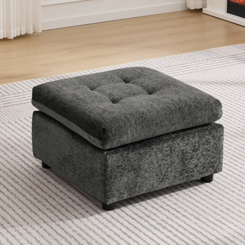 Chenille Tufted Ottoman - Square Accent Stool, Dark Gray
