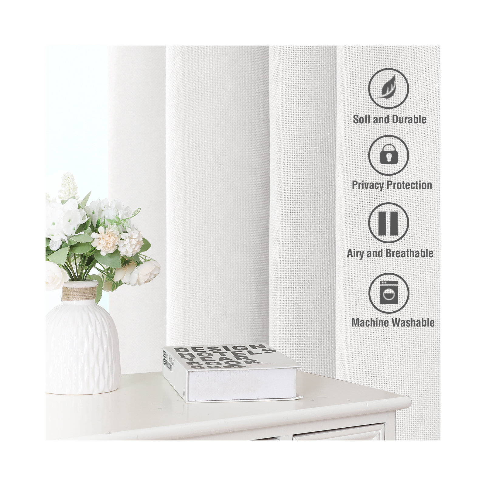 Linen Curtains for Living Room 2 Panels Back Tab Loop Pocket Textured Light Filtering Semi Sheer Rustic Farmhouse Boho Curtain for Bedroom