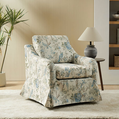Asman Farmhouse Upholstered Slipcovered Swivel Armchair