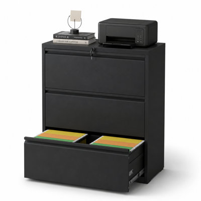 Bizoe Black 3-Drawer Lateral File Cabinet with Lock, Metal Filing Cabinet for Letter and Legal Files, Full-Extension Drawers for Home Office