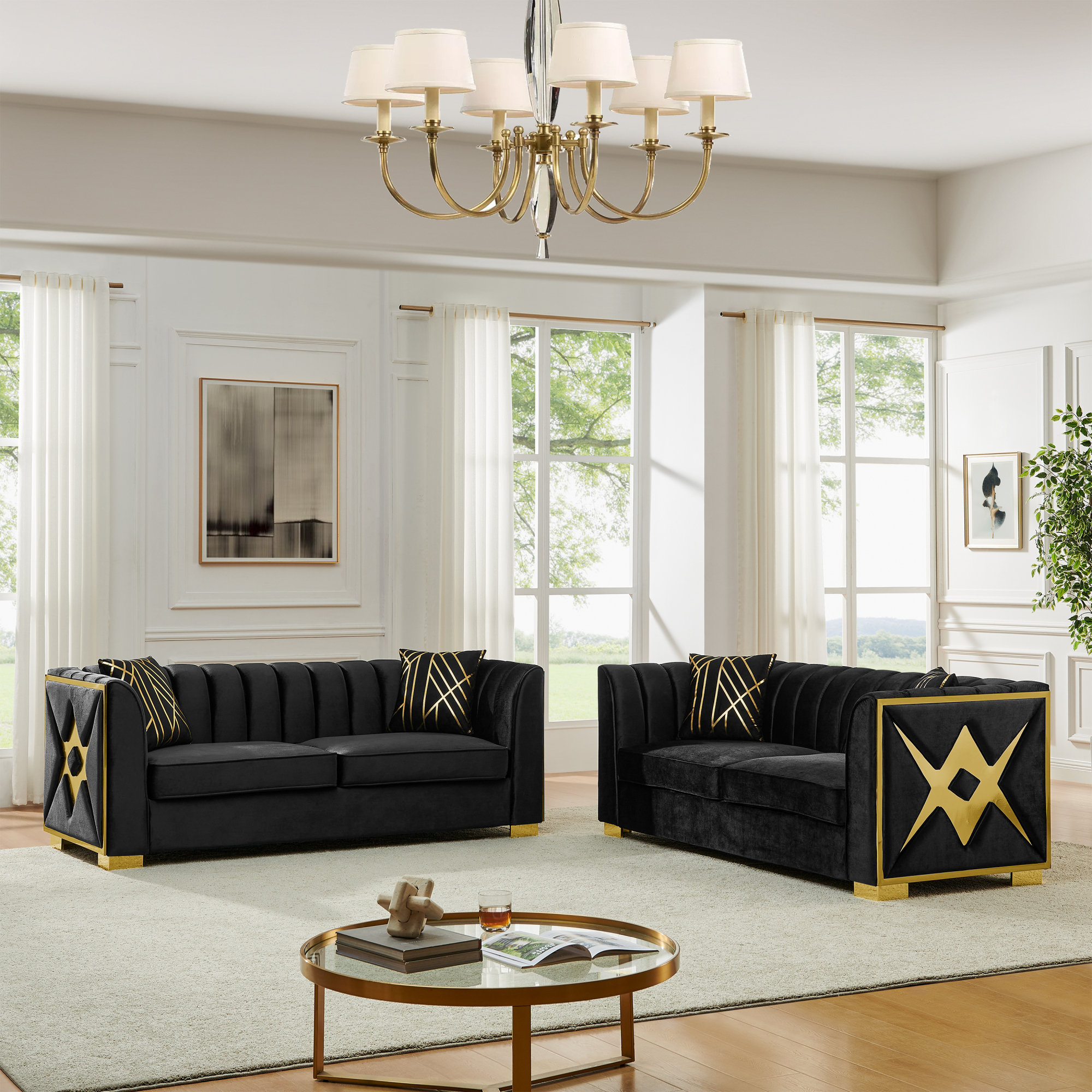 Everly Quinn Luxurious 3-seater Velvet Sofa, Black Chesterfield With ...