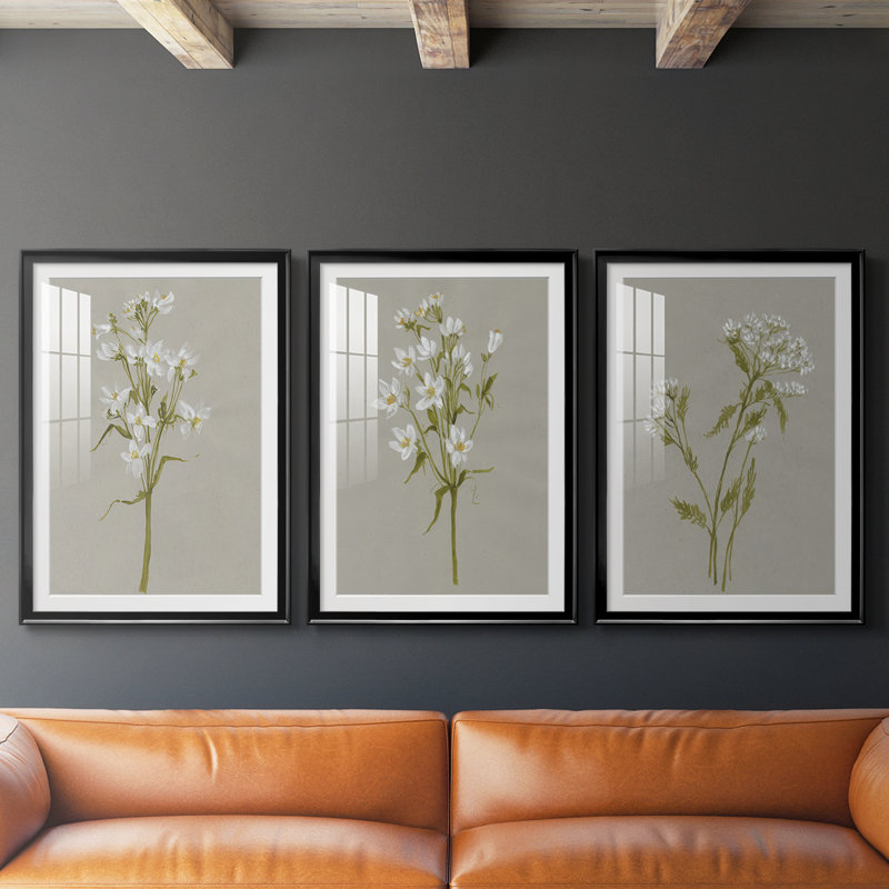 Fleurs blanches sur fond blanc I - reproduction sur mesure encadrée de qualité supérieure - 3 pièces, Noir, H 19 po x l 27 po