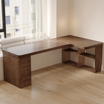 Bureau d'angle et bibliothèque en bois massif en forme de L de couleur noyer intégré à la bibliothèque