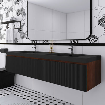 Meuble-lavabo double 60 po en noyer fumé avec comptoir en résine de pierre et tiroirs à fermeture en douceur