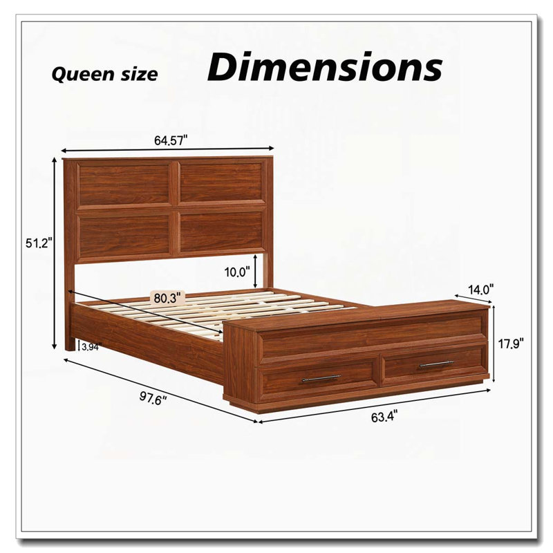 Lit moderne avec tête de lit géométrique 3D et banc de rangement - rangement à 4 tiroirs, Queen, Walnut