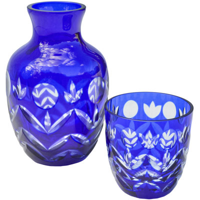 Mid 20th Century Handblown Blue Crystal Cut-to-clear Decanter & Glass Set- 2 Pieces