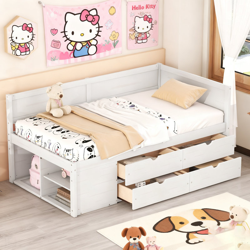 Lit de jour avec tiroirs et tablettes, pour un rangement compact et élégant dans les chambres modernes, Lit simple, Blanc