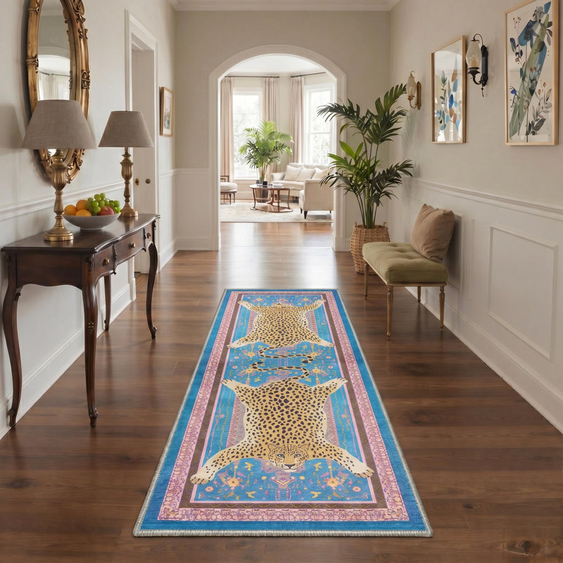 Tapis bleu à imprimé léopard Alinda, Blue, Tapis de couloir de 2 pi x 7 pi