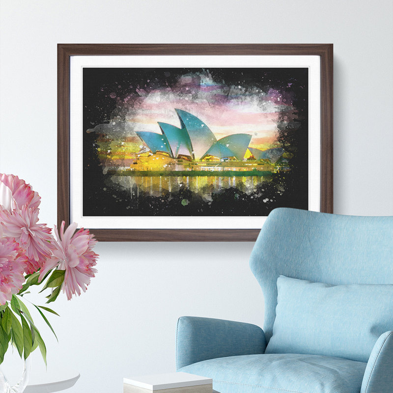 Sydney Opera House at Sunset - Picture Frame Graphic Art Print, 27cm H x 36cm W x 2cm D, Walnut Framed