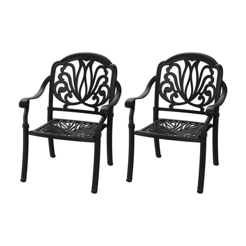 Chaise de patio en fonte d'aluminium 2 pièces avec structure noire et coussins bruns