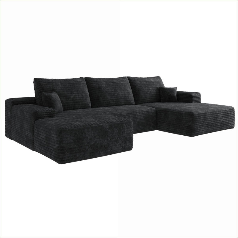 Canapés modulaires | Canapé 107 po en forme de U avec repose-pieds, sans assemblage, pour salon | noir | mousse, Lin noir