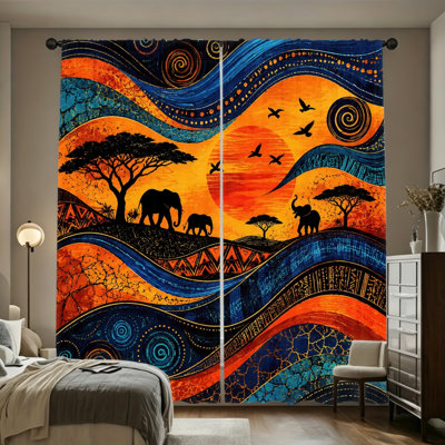 2 Pieces African Savannah Style Light Filtering Curtains with Elephant Sunset Pattern, Boho Tribal Decor, Easy Hang Rod Pocket Design, All-Season Curtains for Home Living Room Bedroom Study Room