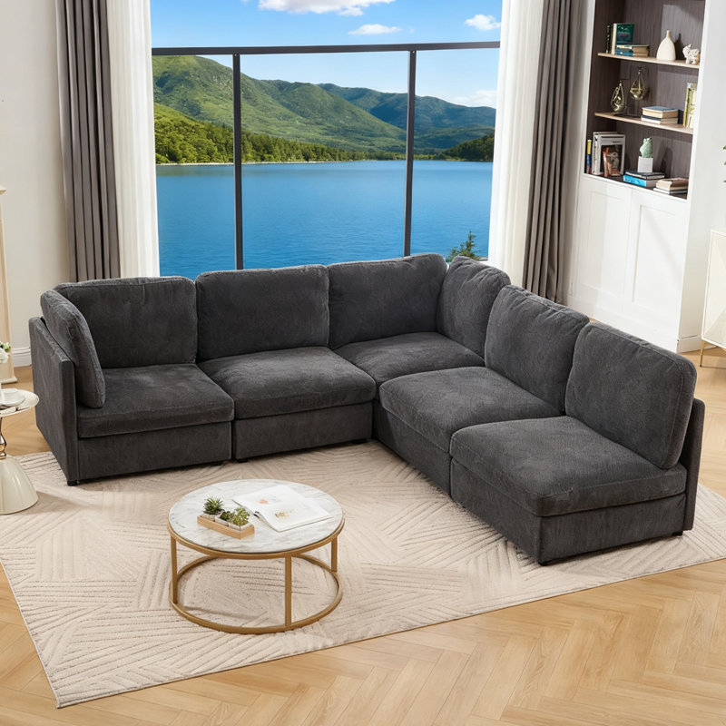 5 Piece Modular Sectional Sofa, Dark Gray Polyester Blend