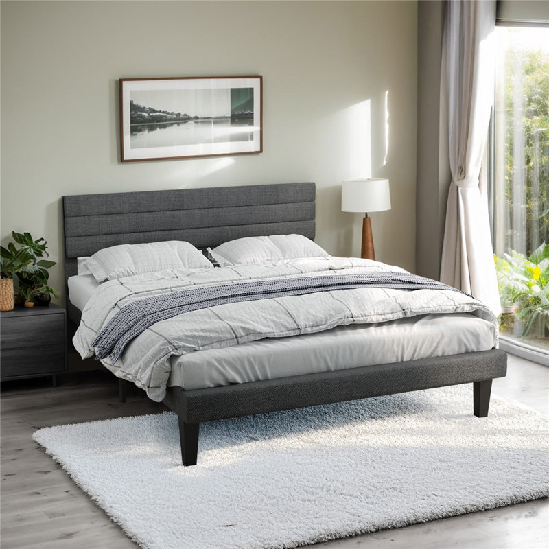 Bed Frame With Boucle Upholstered Headboard, Platform Bed, King