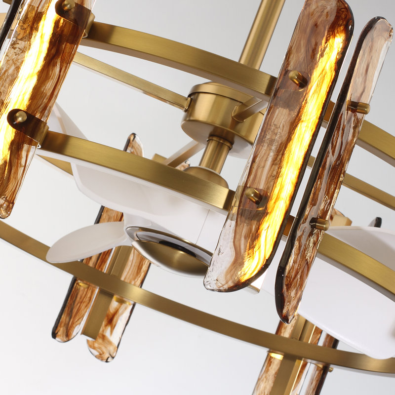 31.9" Colorful Art Glass Caged Ceiling Fan with Dimmable LED Lights and Remote Control