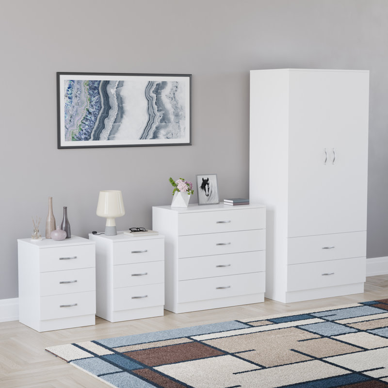 Tayce 4 Piece Bedroom Set (3 Drawer Bedside Chest X2, 5 Drawer Chest, 2 Door 2 Drawer Wardrobe), White