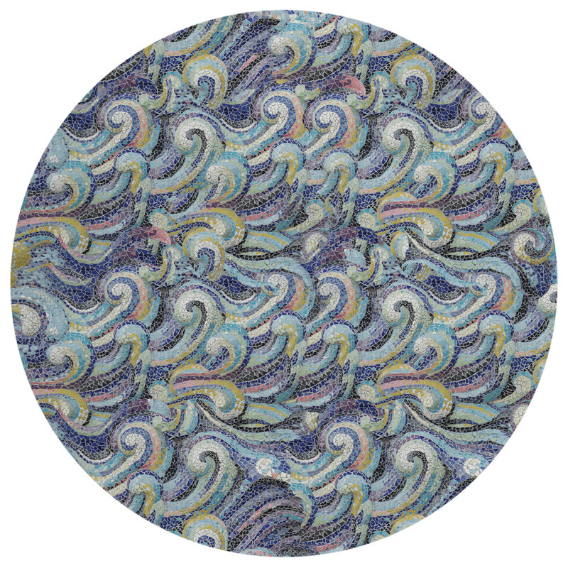 Tapis bleu / jaune en polyester tissé à la machine intérieur / extérieur Shorthill, Rond 8 pi