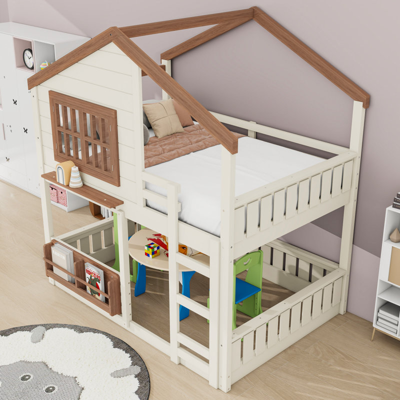 Lit superposé en bois avec bibliothèque intégrée, garde-corps et échelle, Lit superposé double sur double, Beige / Naturel