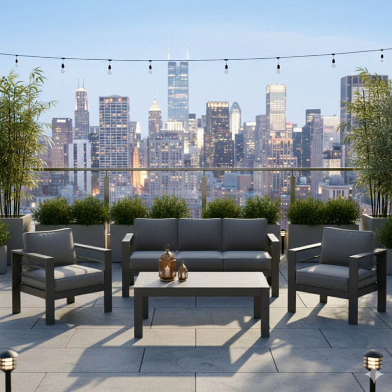 All-Weather 4-Piece Modern Metal Patio Furniture Set,  5-Seat Conversation Sofa With Thick Gray Cushions & Gray Frame And Coffee Table
