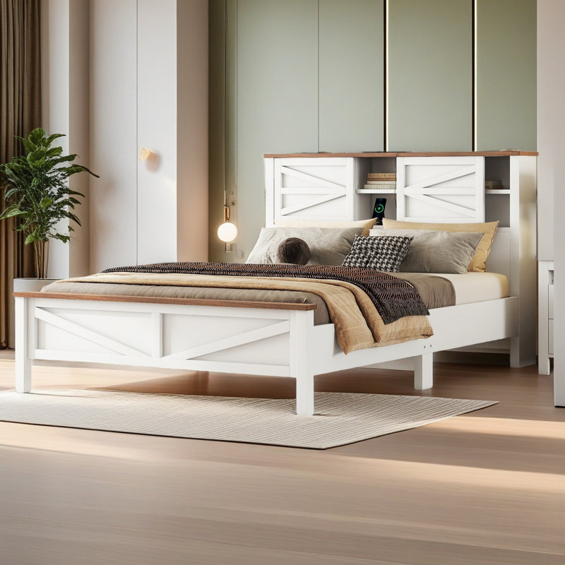 Lit plateforme Farmhouse avec porte de grange coulissante double, Grand, Blanc
