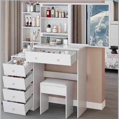 37" Middle Size Left Bedside Cabinet Vanity Table + Cushioned Stool, Extra Large Right sliding mirror, Multi Layer High Capacity Storage, Practical Fashionable Dresser, Suitable For Large Space