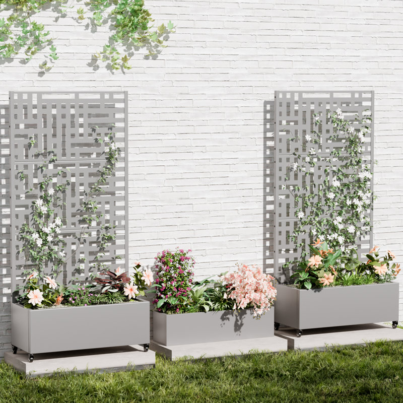 72" H x 35" W Outdoor Rectangle Metal Planter Box with Trellis Freestanding Raised Garden Bed with Privacy Screen for Front Porch Patio