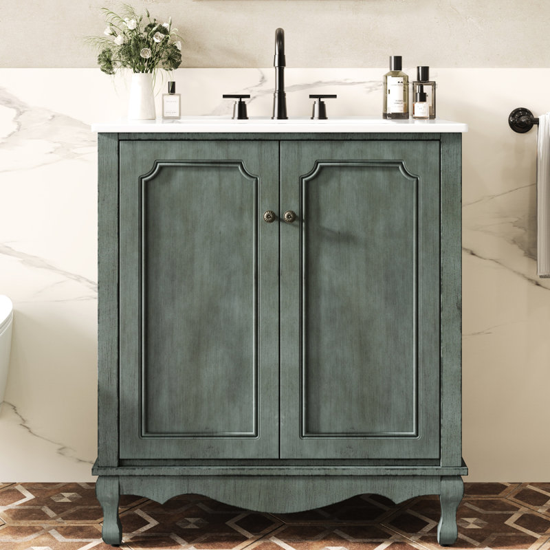 Meuble-lavabo de salle de bain avec pieds en bois d'hévéa de 1,9 po - Armoire rétro bleue antique 30 po
