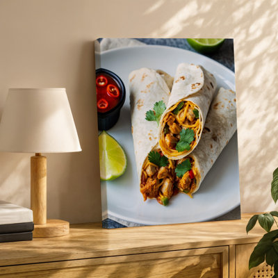 Toile, une vue éclatante en gros plan de deux burritos soigneusement enveloppés sur une plaque blanche mettant en vedette un remplissage coloré d'art sur toile déchiqueté