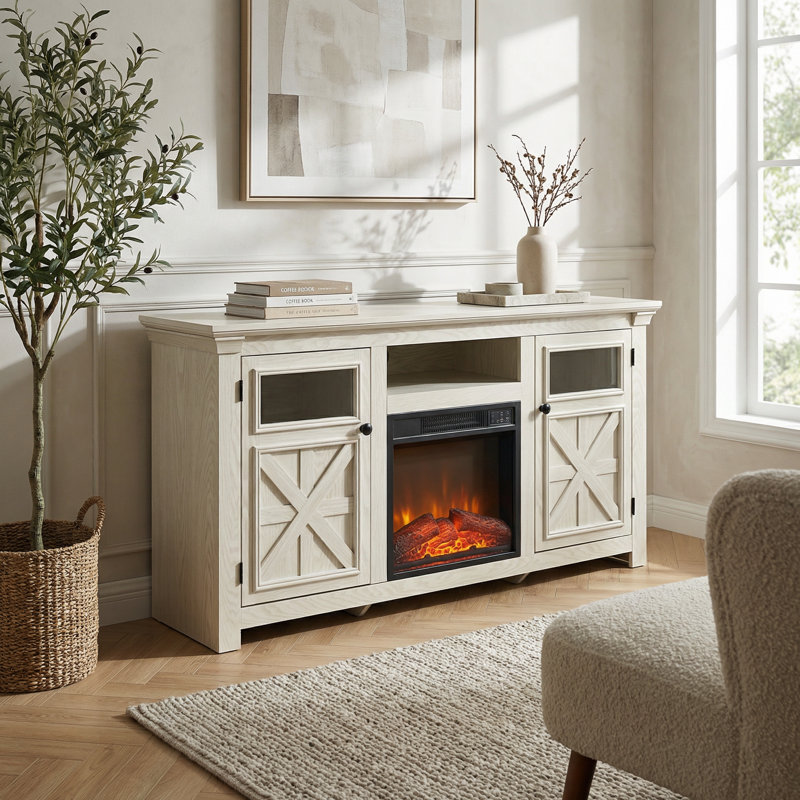 Console de divertissement de style maison de campagne avec foyer électrique intégré et amplement d'armoires de rangement